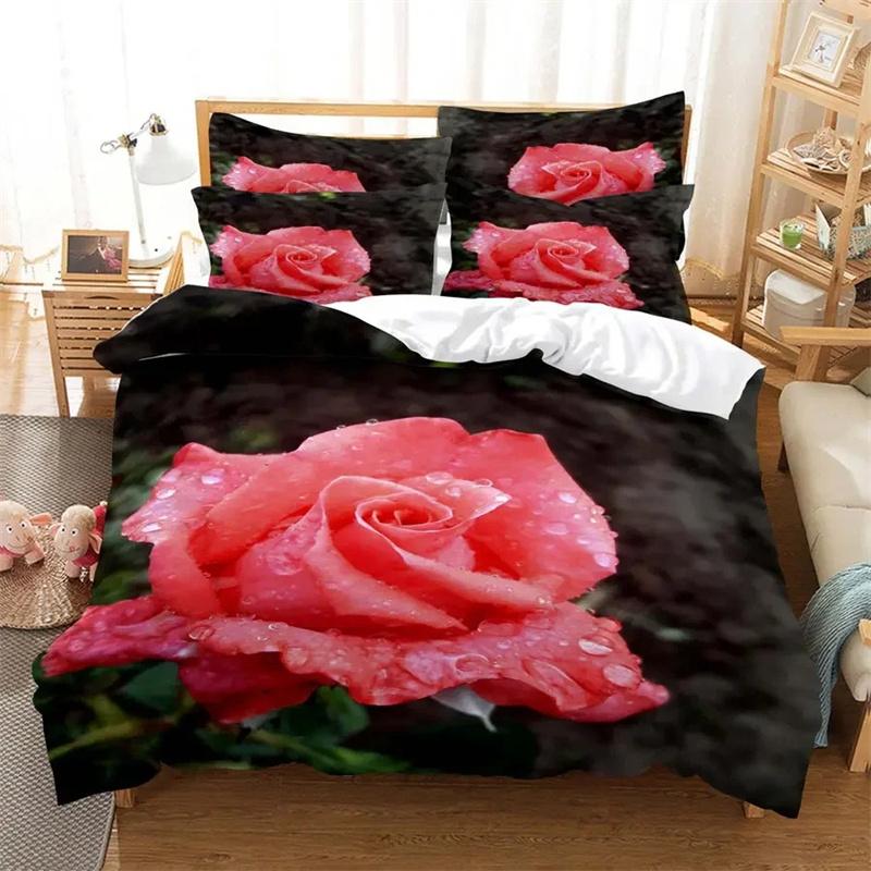 Rote Rose-Bettwäsche-Set, Steppdecke/Bettbezug, Kissenbezug, 3D-HD-Doppelbett, voll, King-Size-Bett, Doppelbett, Einzelbett, 3/2-teilig, Polyester-Bettbezug