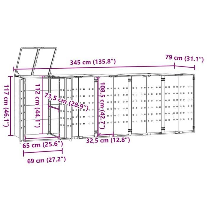 VidaXL Rangement à roulettes pour poubelles pour 5 bacs noir acier, rangement de poubelles, rangement de poubelles de 3279980