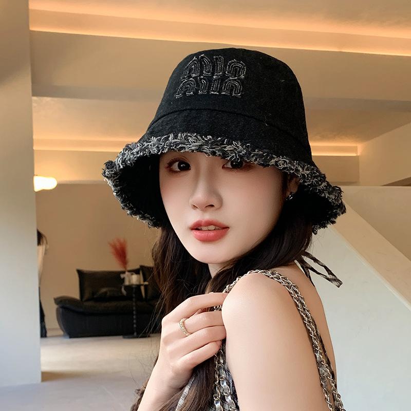 New denim rough edge bucket hat women's versatile embroidered bow basin hat show face small temperament sun hat