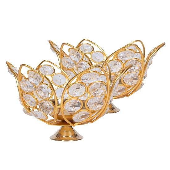 Lâmpada de óleo de cristal decorativa de latão, conjunto de 2 formas de lótus Akhand Diya, cristal de diamante Deepak para Puja e decoração de casa