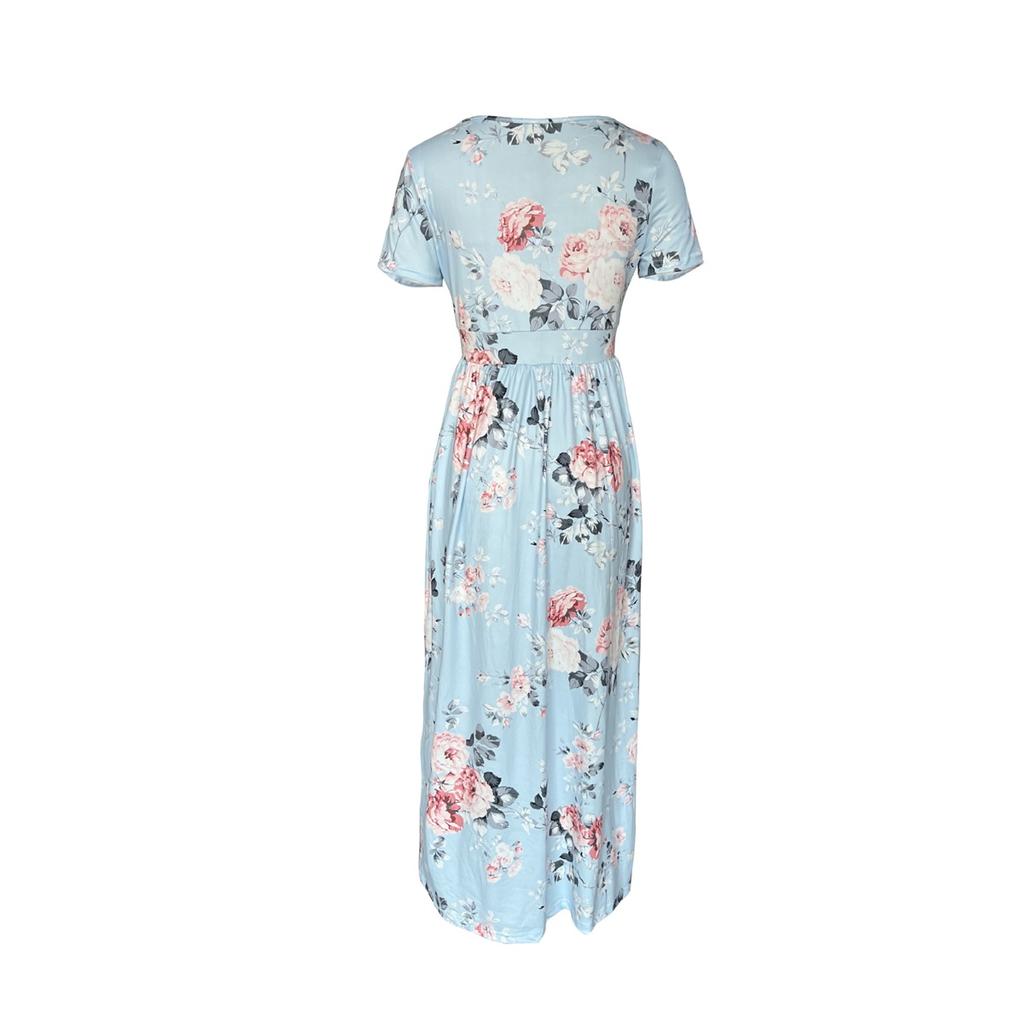 Women's Short-sleeved V-neck Wrap Belt Pocket Printed Elegant Long Dress