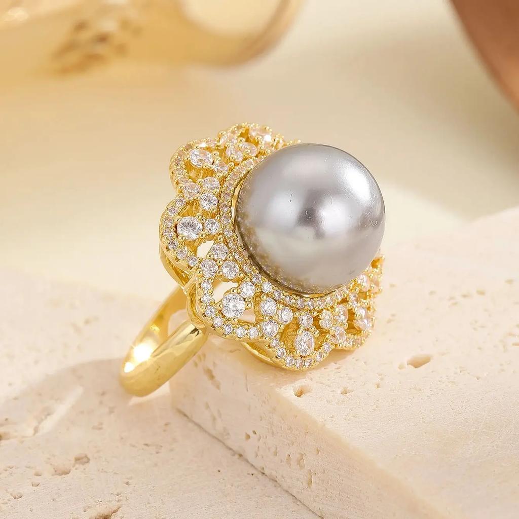 Luxurious Retro Palace Style Exaggerated Oversized Micro-Paved Zirconia Large Pearl Opening Size Adjustable Ring