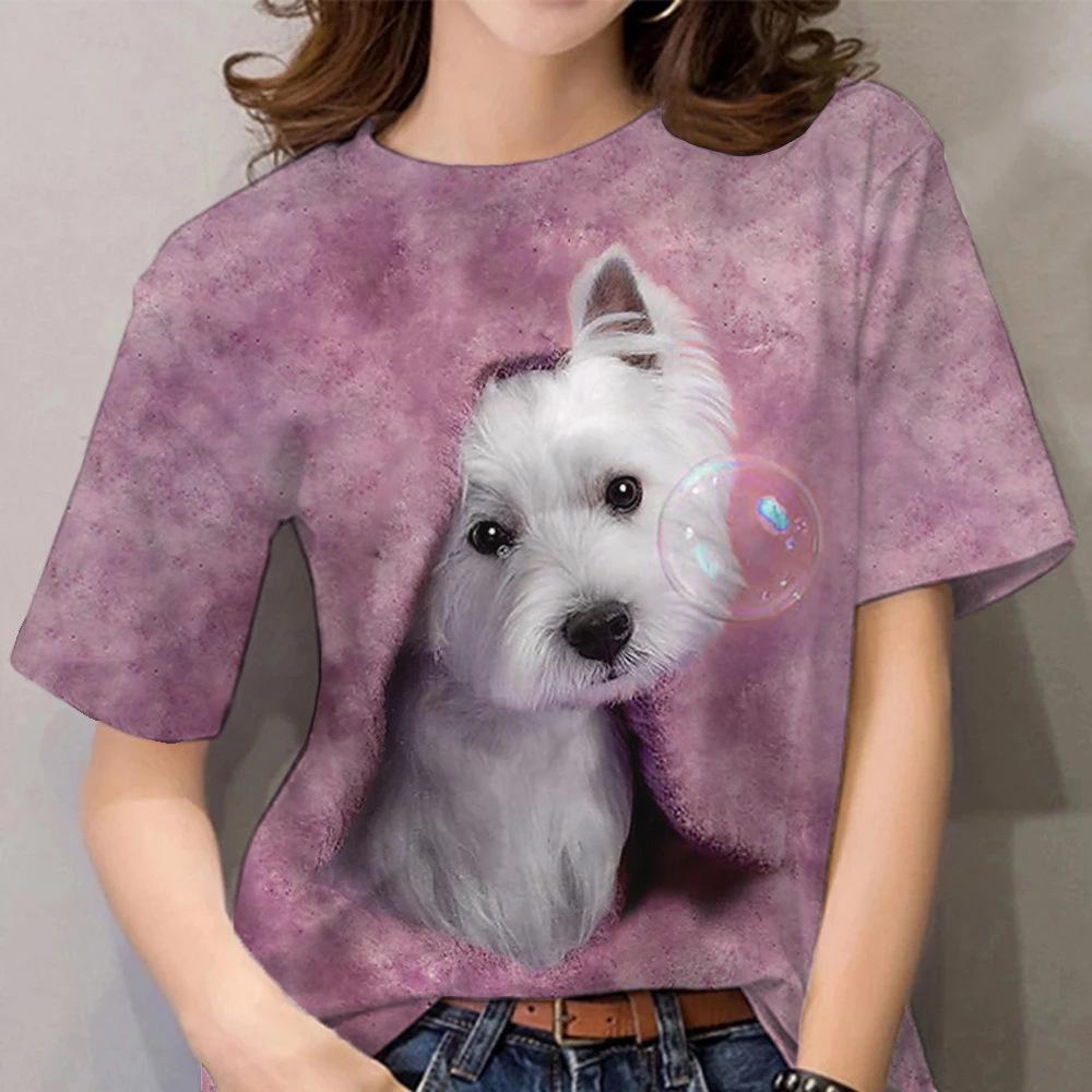 Summer Round Neck 3D Dog Printed Top Fashionable Casual Short Sleeved Women's T-shirts