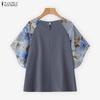 ZANZEA Women Casual Round Neck Loose Print Splice Half Sleeve Blouse
