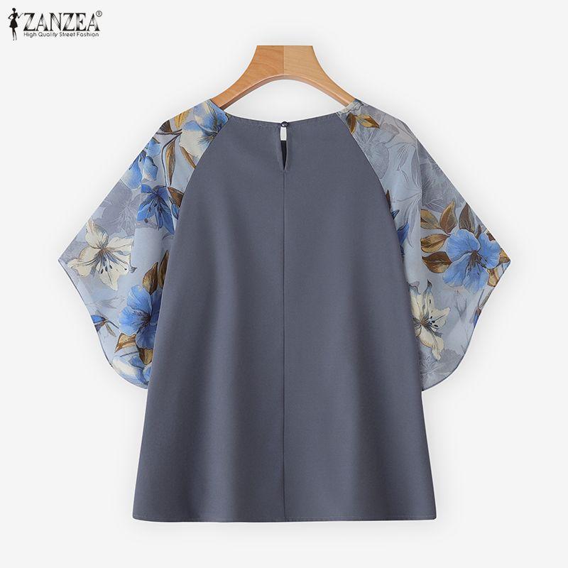 ZANZEA Women Casual Round Neck Loose Print Splice Half Sleeve Blouse