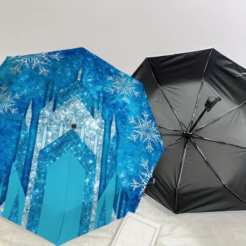 1pc Frozen Castle Snowflakes Automatic Folding Umbrella, Heavy Duty 8 Rib Iron Frame,  Suitable for Travel, Daily Use, Birthday, Decor Gift M0104006