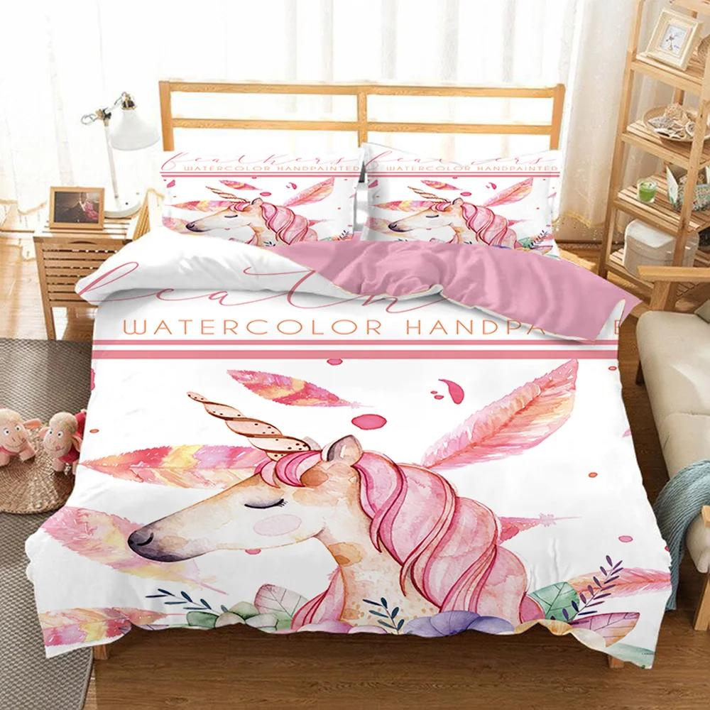 Unicorn Kids Girls Pink 3D Bedding Set Duvet Cover Sale Cartoon Bedcllothes Animal Printed Queen King Size Home Duvet Covers