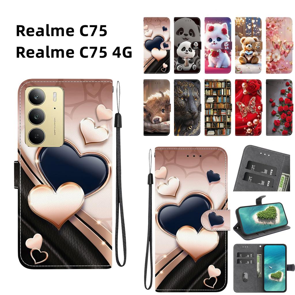 Ručně vyráběné PU kožené flipové pouzdro pro Realme C75 / Realme C75 4G Protiskluzový nárazuvzdorný kryt s poutkem na zápěstí a designy srdce/růže/kočka
