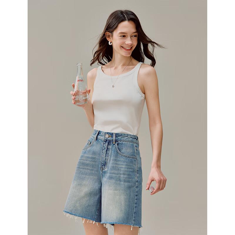 INMAN 100% Xinjiang Cotton Vintage Washed Frayed Hem Denim Bermuda Shorts