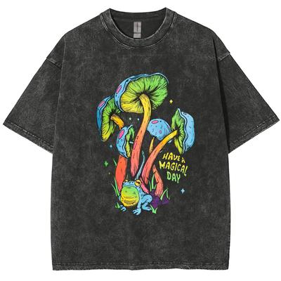 Green Mushroom Print Must-Have Women's T-Shirt Oversized Washed Fabric Couple Half-Sleeve Funny Niche Design Top