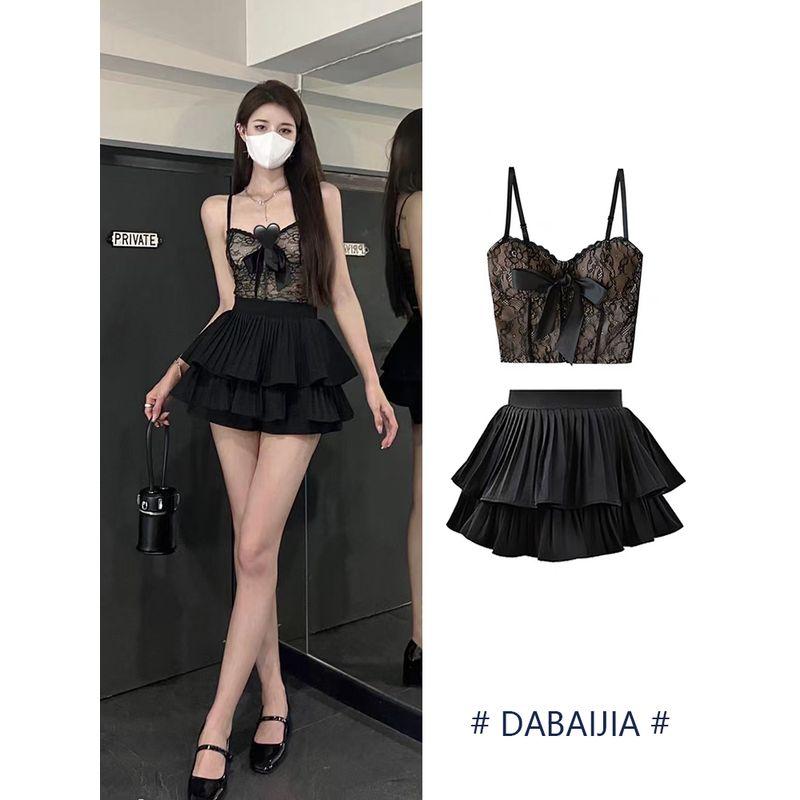 

European and American Sexy Female Summer High Waist Suspender Layered Dress Black Sling S