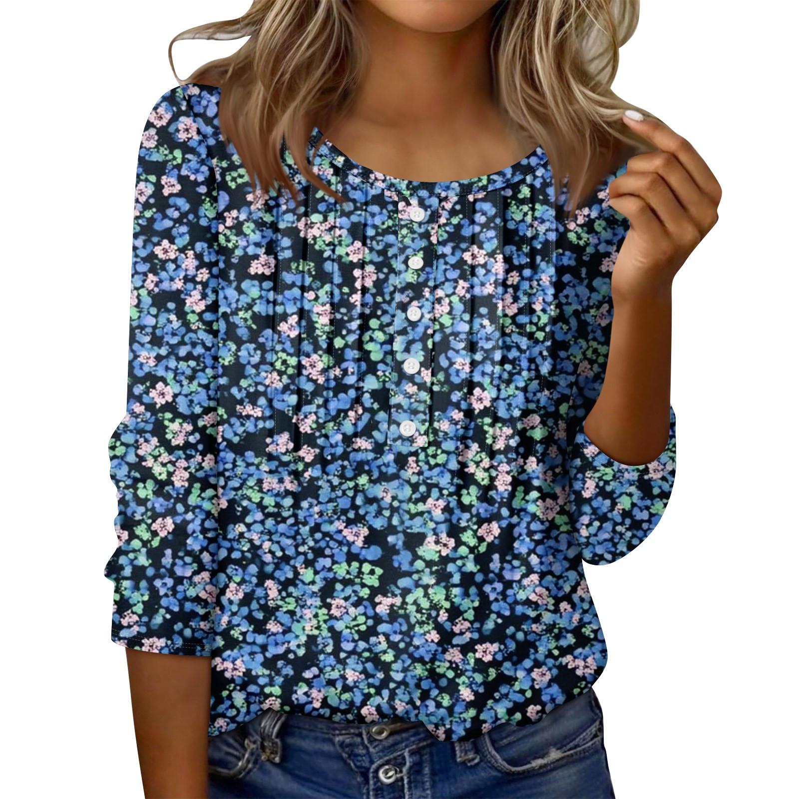 

Women s Round Neck Pull Stripe Decorative Button Top Casual Solid Color 3/4 Sleeve T Shirt L синій