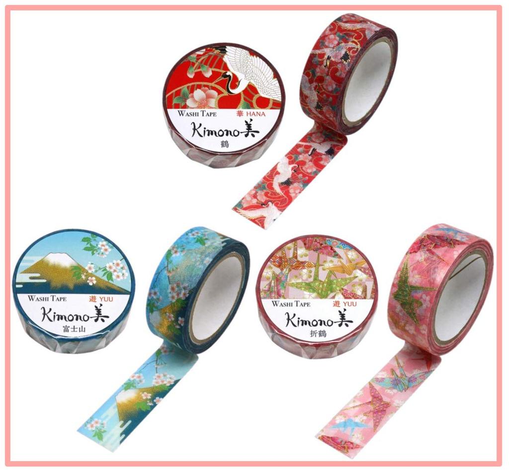 Kamiiso Japanese Washi Masking Kimono Set Origami 15mm Wide X 7m Japanese Pattern Design Tape, Beauty, 3-Roll (Crane, Crane, Mt. Fuji), Roll, Tape,