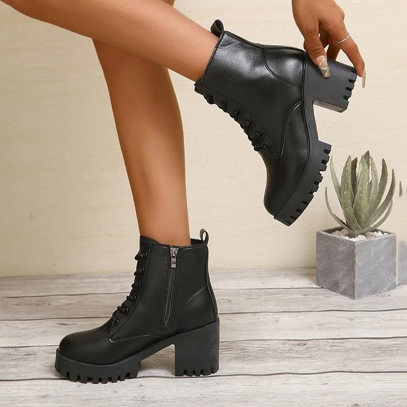 Stivali da Lavoro da Donna alla Moda, Nuovi, Comodi e Resistenti all'Usura, Invernali, Eleganti, Monocolore, Punta Tonda, Stringati, Stivaletti