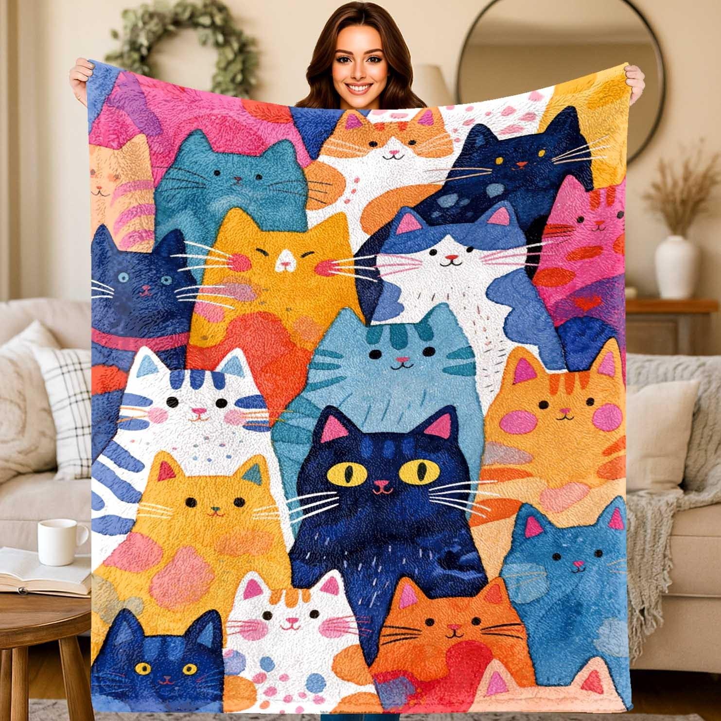 

Cat animal art with colorful patterns Flannel printed blanket suitable for all seasons for living room office sofa and travel 75x90cm