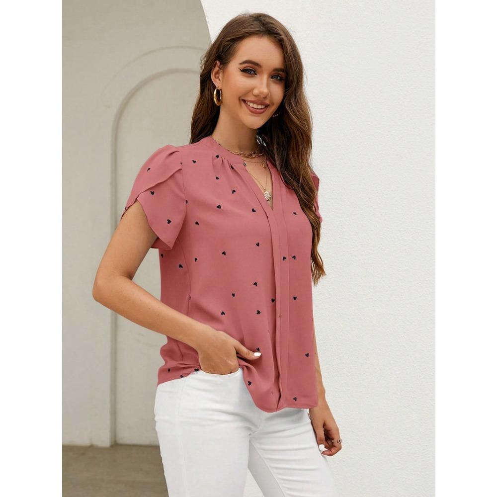 Summer new V-neck love petal pattern women's casual T-shirt top