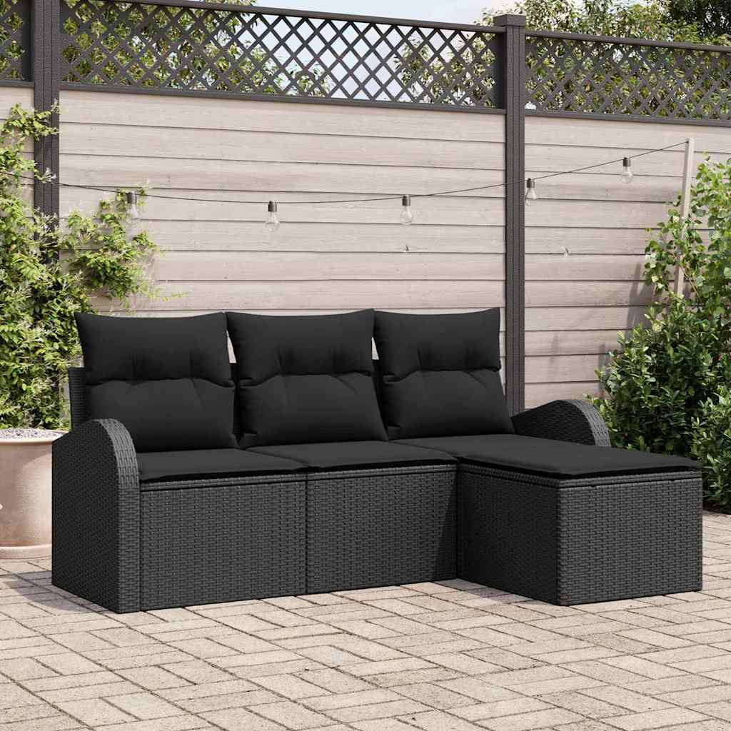 Sofa Set with Cushions and Storage 4 pcs Black Poly Rattan