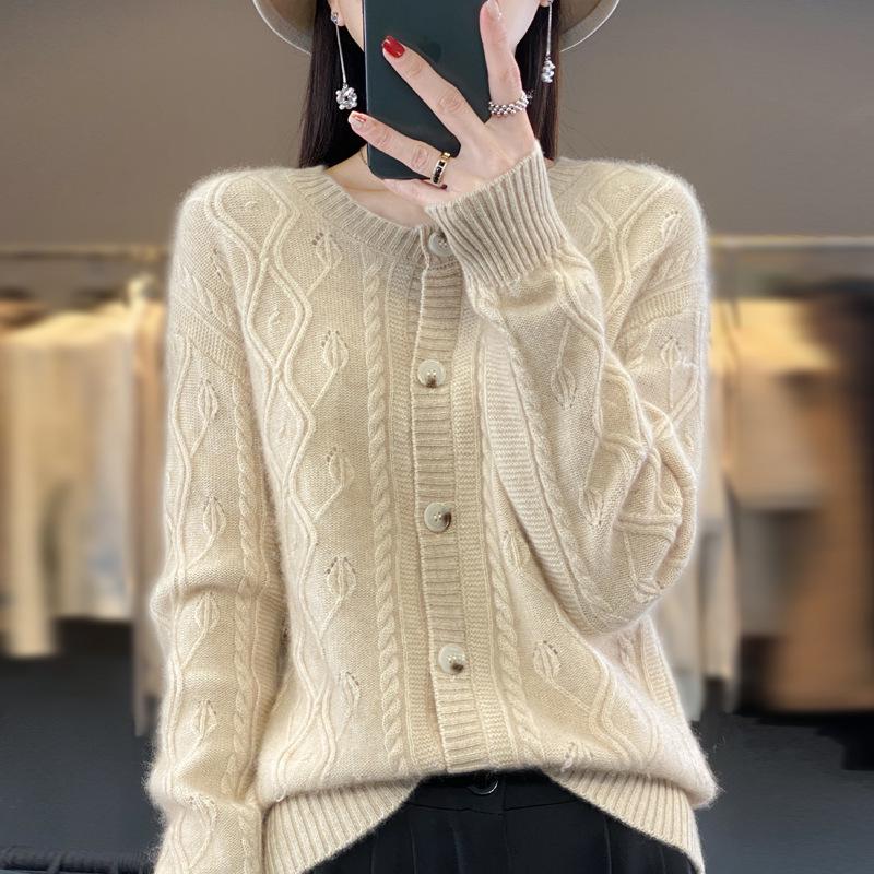 2023 Women's Cable Knit Wool Cardigan - 100% Pure, Loose Fit Autumn/Winter Outerwear