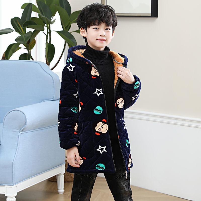 Boys Children's Plus Velvet Thickened Mid-length Hooded Cotton Overalls Fashionable and Warm To Wear Outside