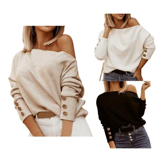 One Shoulder Women Shirt Long Sleeve Polyester Soft Touching Pullovers Tops for Daily Wear