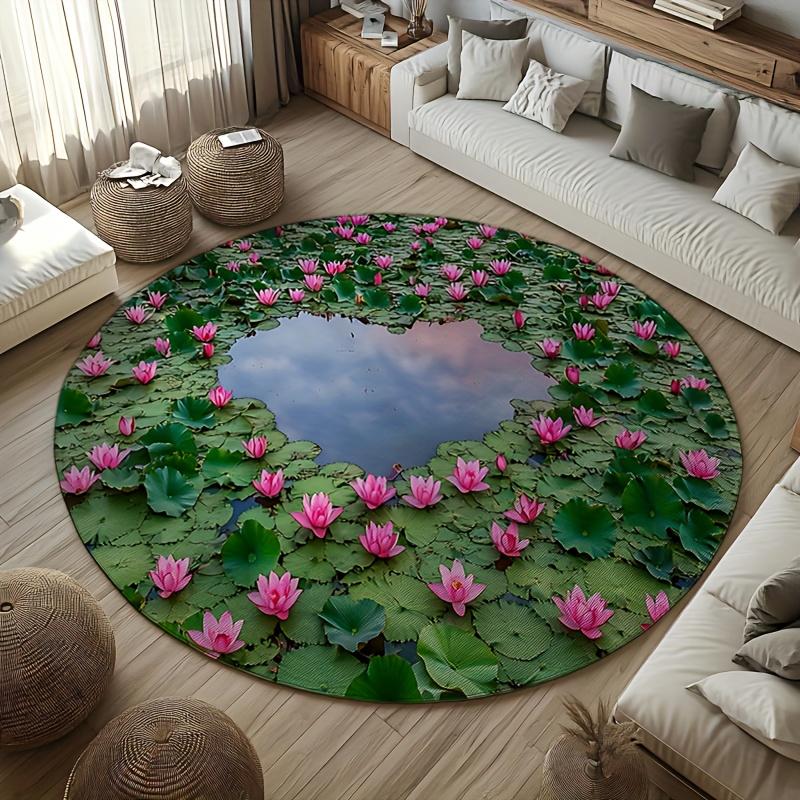 Blooming Pink Lotus Pattern Round Flannel Rug, Meditation Yoga Mat for Indoor Living Room Decor, Portable Floor Cushion