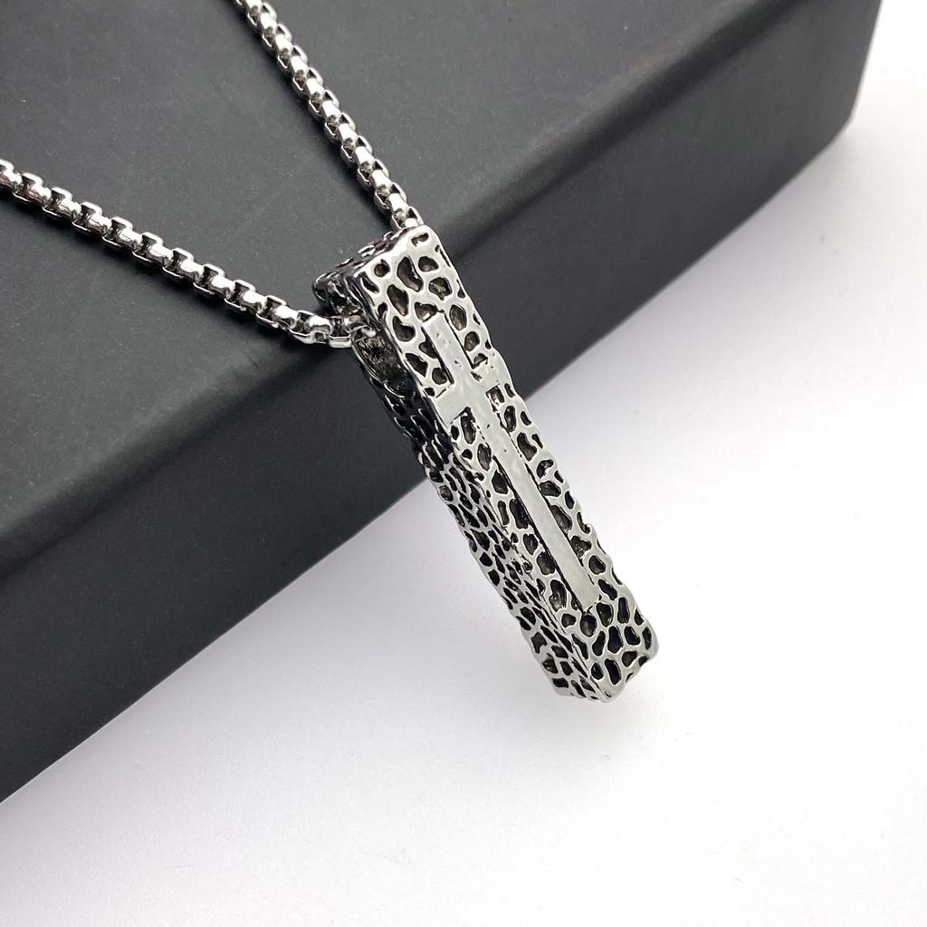 Vintage Titanium Steel Stone Grain Rectangular Cross Personality Simple Pendant Stainless Steel Necklace
