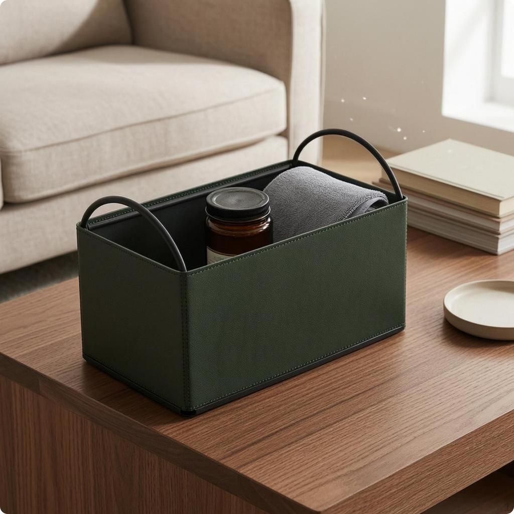 Iron PU Leather Storage Box Rounded Arch Handles Desktop Stitched Edges