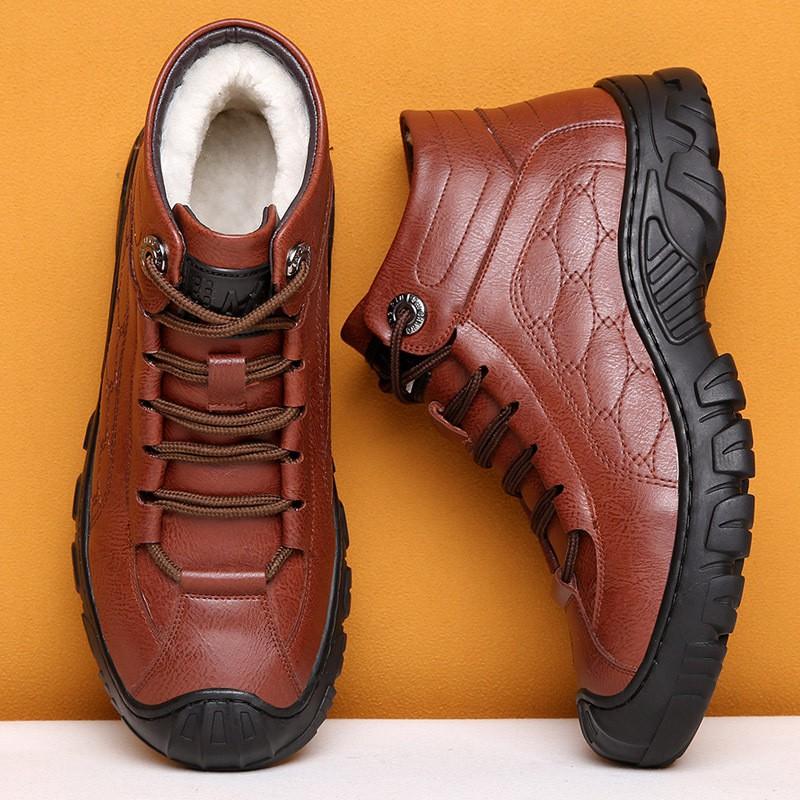 Mens Winter Warm Faux Fur Lined Leather Snow Boots Slip Resistant High Top Casual Martin