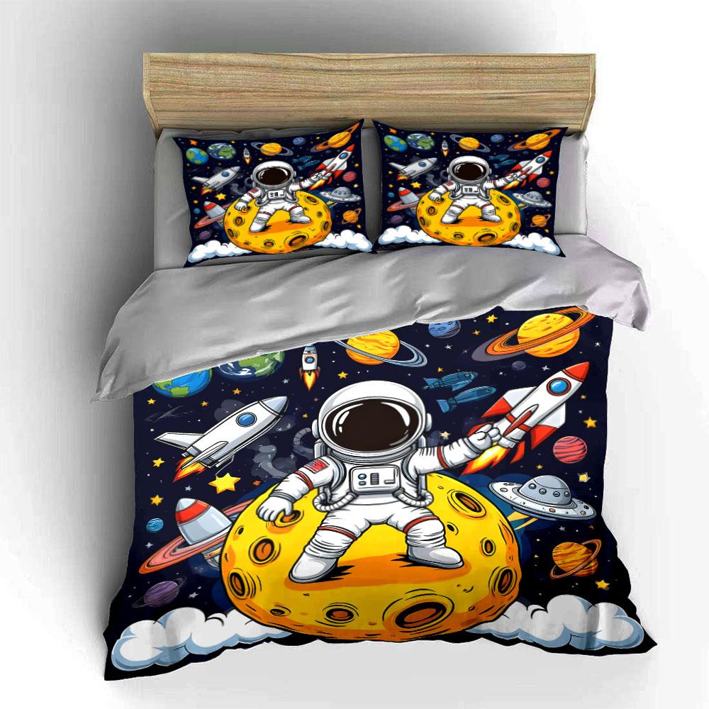Astronaut Explores Galactic Planets Bedding Set for Kids Luxury Gift 3pcs Digital Print Comforter Set Soft Comfortable