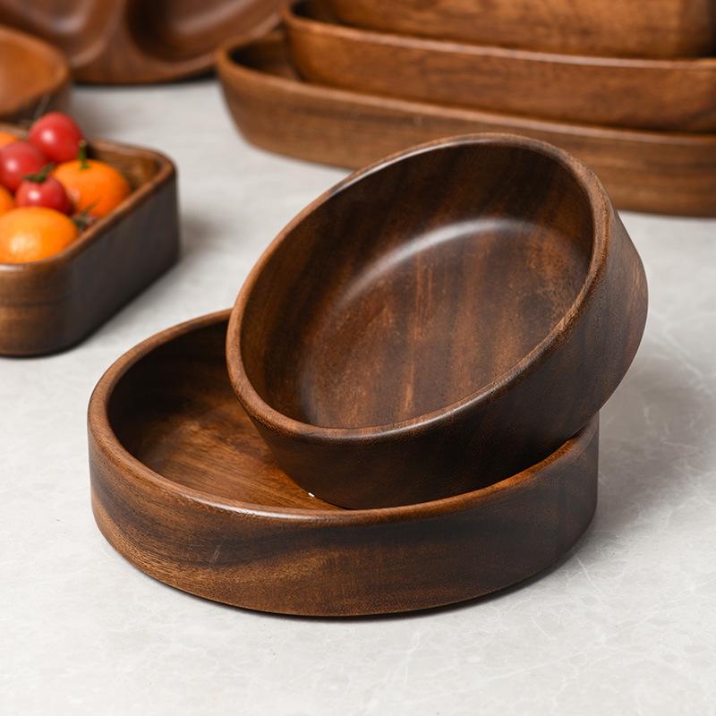 Solid Walnut Wooden Fruit & Salad Bowl - Round Plate for Dining & Household Use