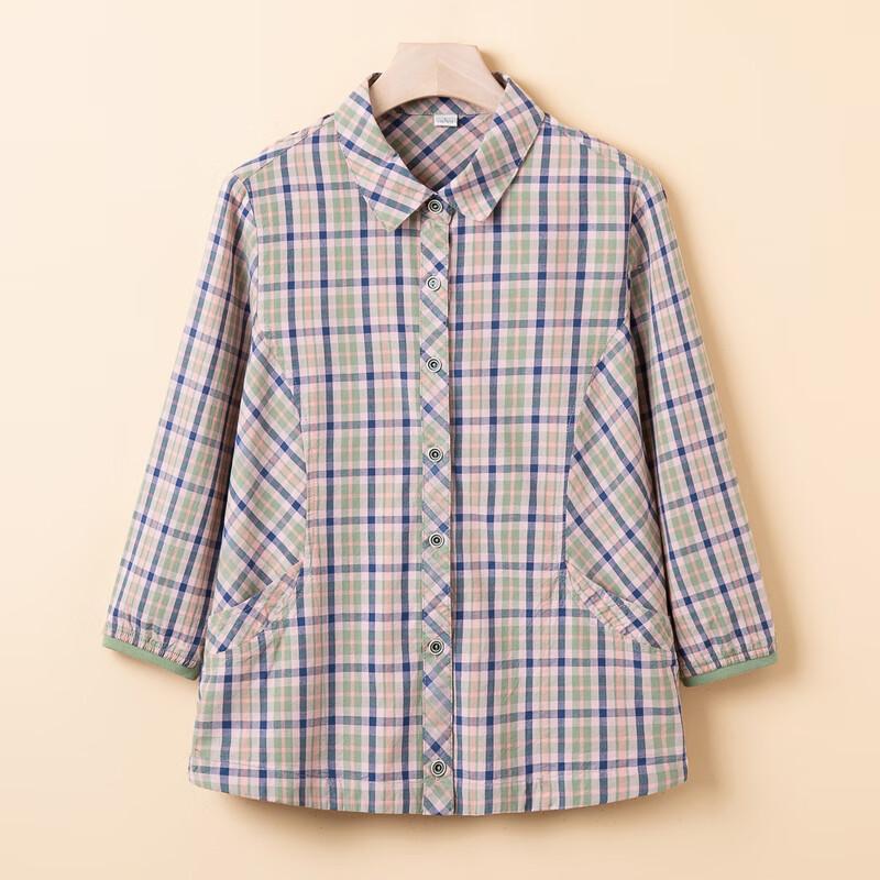YUZHAOLIN Women's Summer 3/4 Sleeve Plaid Cotton Shirt