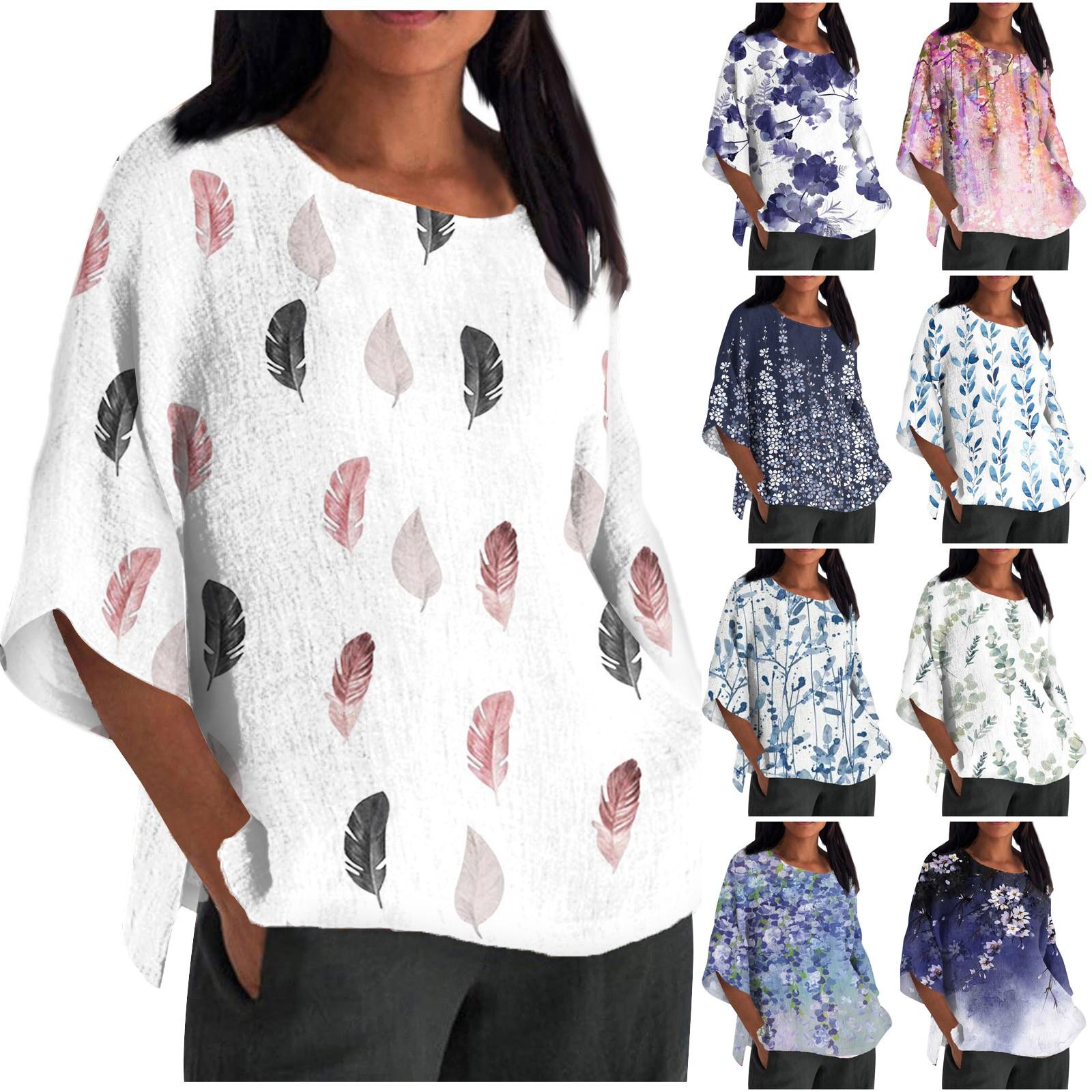 

Женская летняя хлопково-льняная футболка, топы, свободная блузка с принтом, винтажная одежда с круглым вырезом и рукавами 3/4, одежда больших размеров XXL розовый