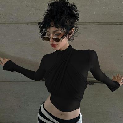 2025 Spring Fashion Mesh Turtleneck Long Sleeve Red Draped Bandage Sexy See Through Crop T-Shirt Top Streetwear Club