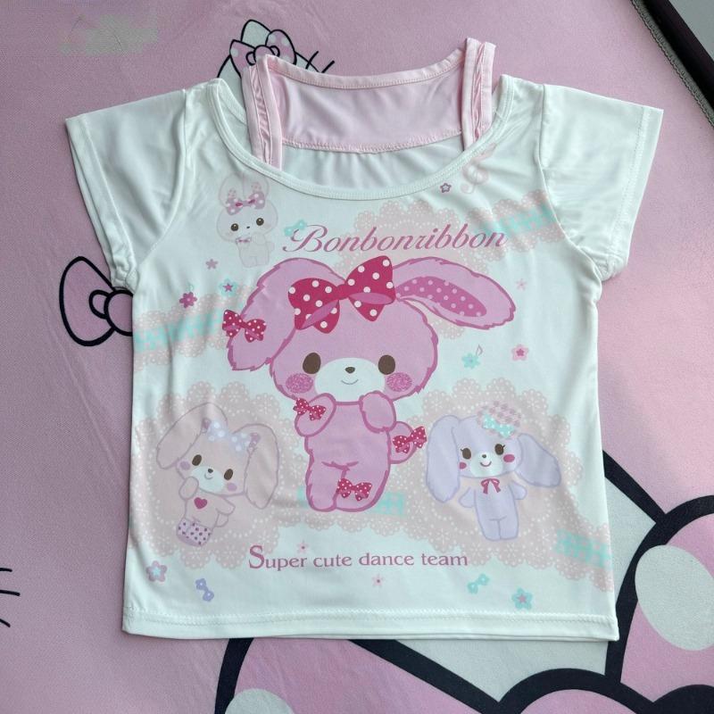 Sweet Crop Tops Tričko Lolita Dámské Y2k Estetický kreslený králík potisk Letní trička Japonská ležérní Roztomilá falešná dvoudílná trička