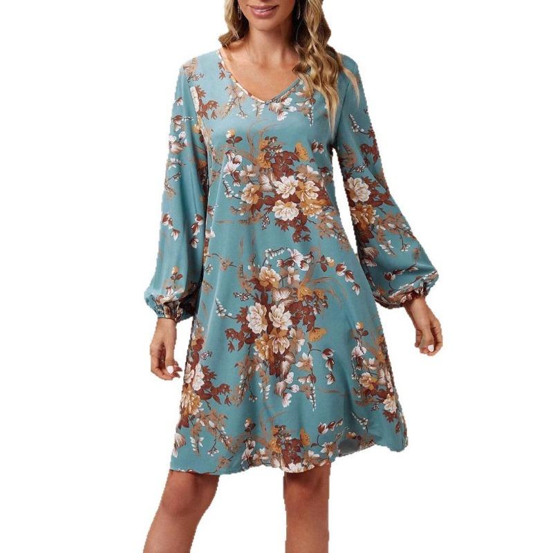Women's Vintage Print Fashion Temperament Elegant Floral Print Lantern Sleeve Dress