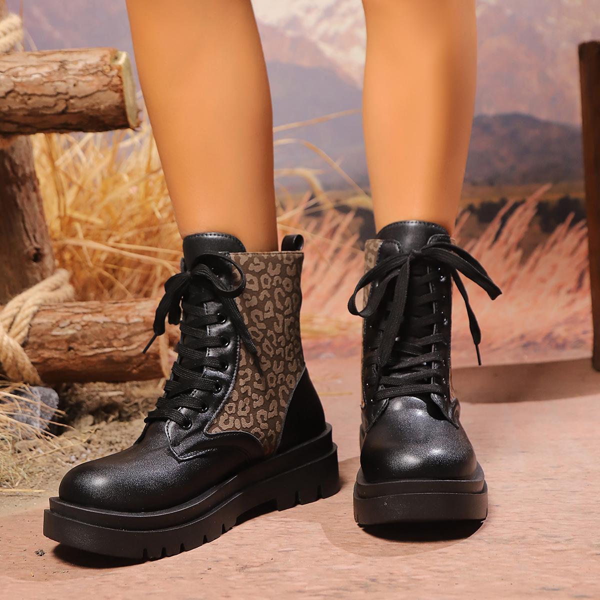 

мода Модные ботильоны на платформе с леопардовым принтом, женские осенние нескользящие ботинки на шнуровке, женские армейские ботинки из искусственной кожи с толстой подошвой 43