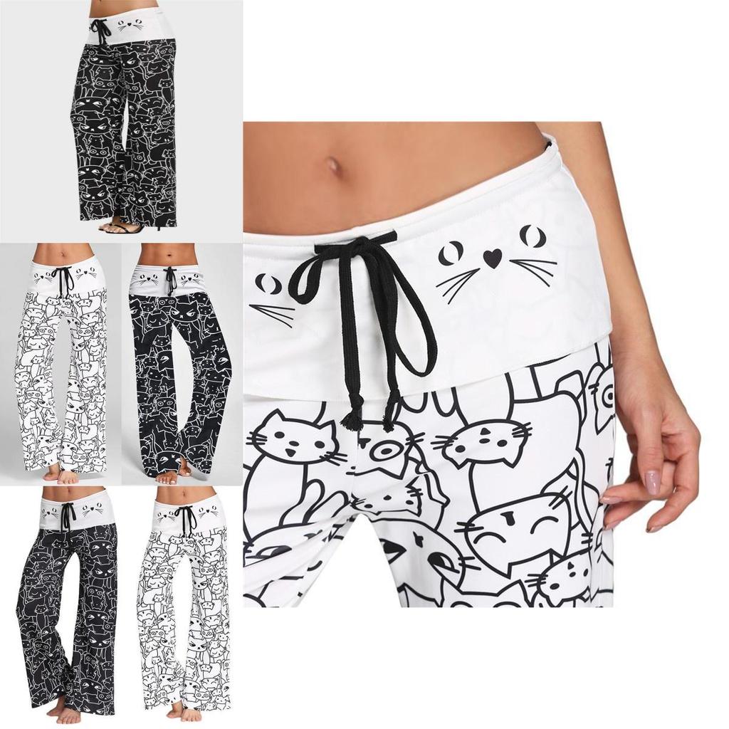 Pantaloni Casual Larghi da Donna alla Moda con Stampa di Gatti Cartoni Animati, Pantaloni Leggeri Estivi