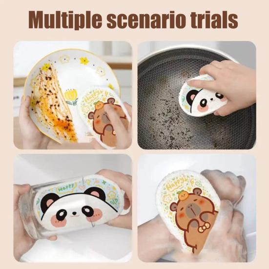 1/3 vnt. Sustorinta medienos plaušų kempinė su animaciniais raštais, saugi kūdikiams, indų plovimui, aliejų sugerianti, neabrazyvi puodų šveitimo priemonė