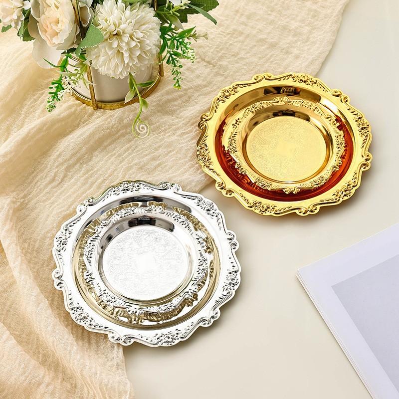 Platos Retro de Lujo Plateados Bandeja para Pastel Postre Té de la Tarde Aperitivo Plato de Fruta Almacenamiento de Joyas Decoración de Mesa Suministros para Hogar Hotel