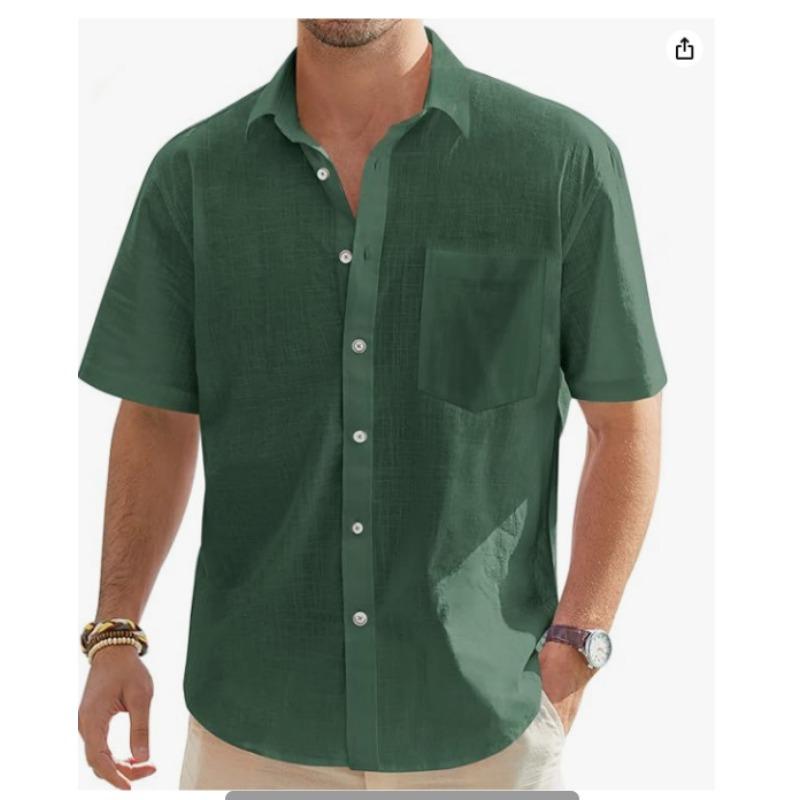 

Men Dark Green Linen Blend Short Sleeve Button Down Casual Chest Pocket Shirt S темно-зеленого