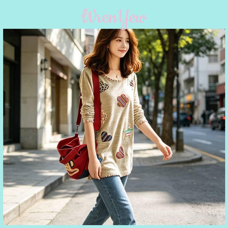 T-shirt da donna a maniche lunghe con scollo rotondo e fantasia floreale, abbigliamento casual per la primavera e l'autunno