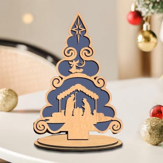 Christmas Tree Table Sign Decoration Farmhouse Rustic Jesus Nativity Wooden Ornament with Base Home Office Bookshelf Desktop Decor