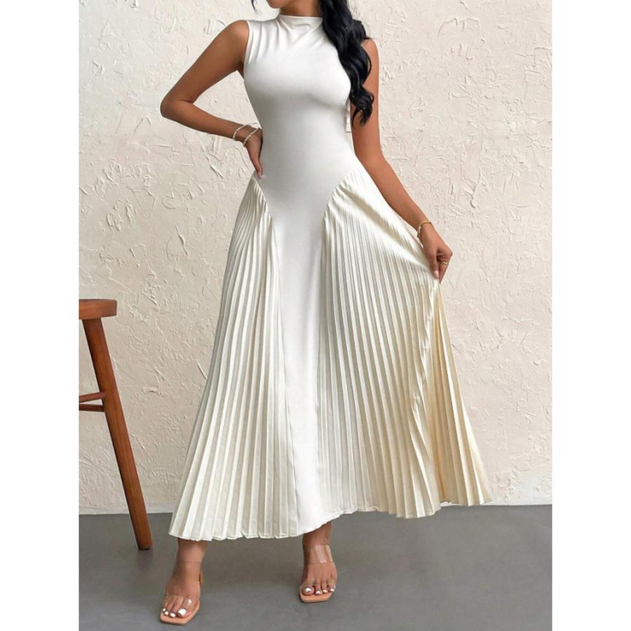 Summer New Style Pleated Patchwork Long Dress Elegant Sleeveless Slim Fit Evening Gown Party Dress