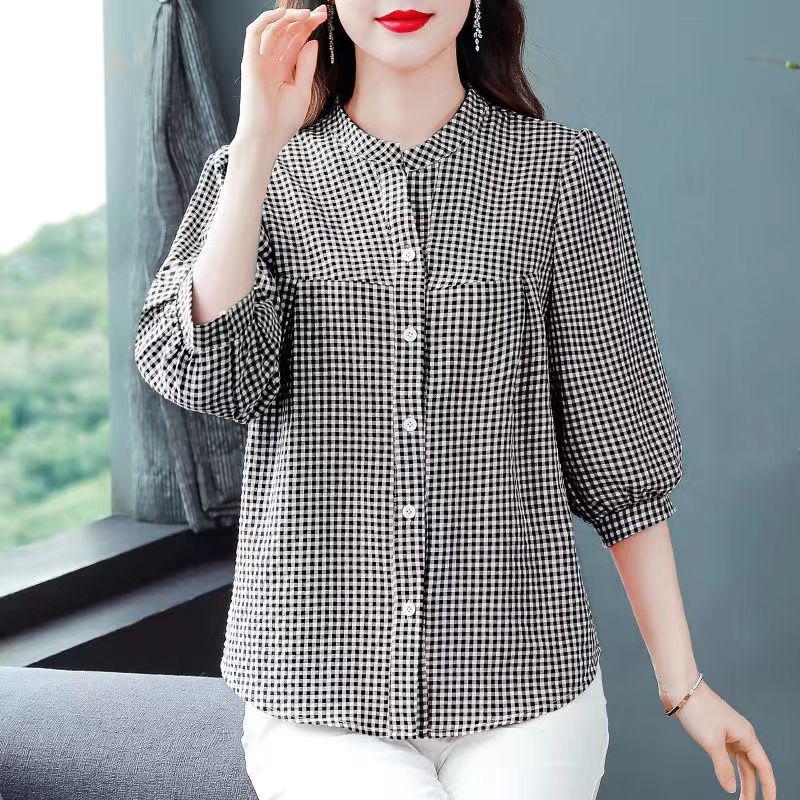 Women's Fashionable Red Plaid Stand-Up Collar Blouse - Seven-Sleeve Loose Fit for Summer 2025