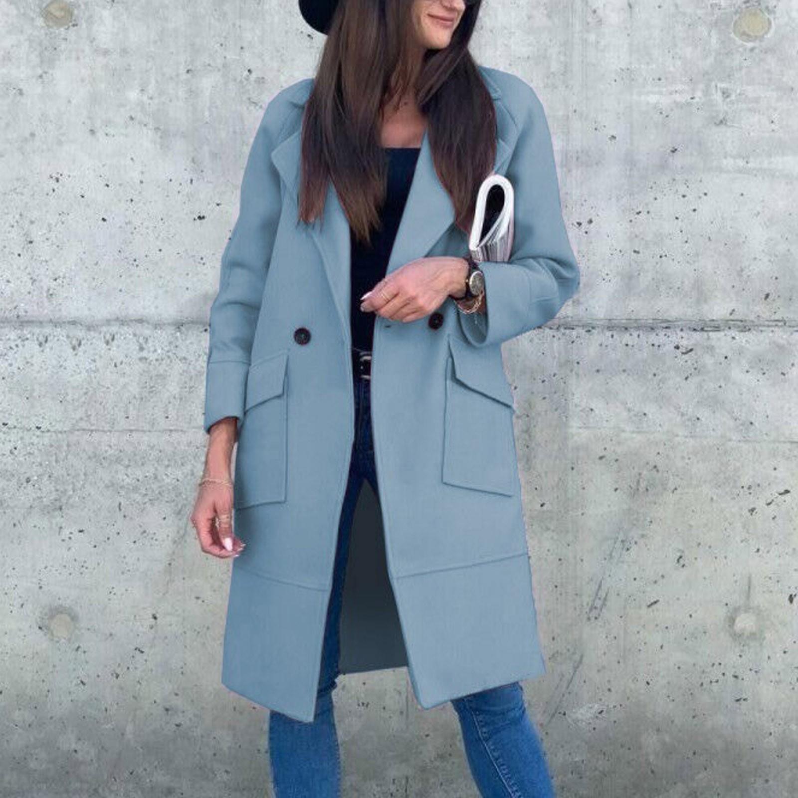 

Женское И Зимнее Однотонное Пальто Средней Длины из Твида с Лацканами, Пуговицами и Карманами XXXL небесно-голубой