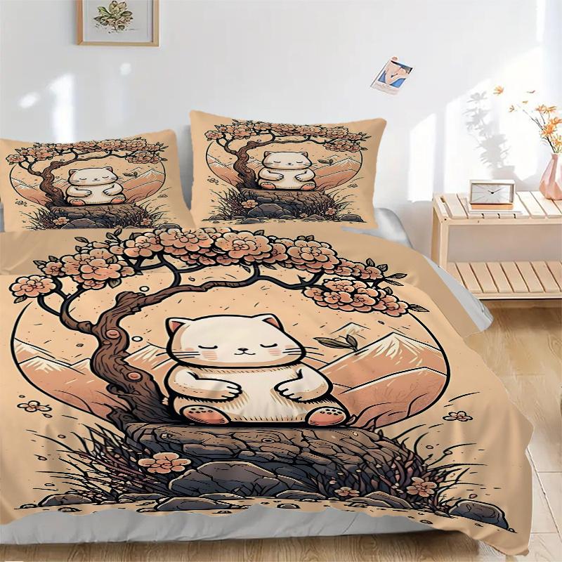 3pcs Japanese Lucky Cat Design Quilt Cover Set (1 Quilt Cover + 2 Pillowcases Without Pillow Core), High-Definition Printing for Home and Dormito