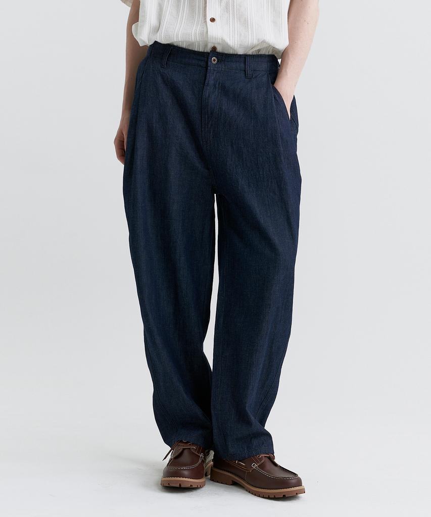 MAGOODGAN Chino 7708 Single-Pleat Linen Denim Balloon Fit Dark Indigo Half-Banding Denim Pants