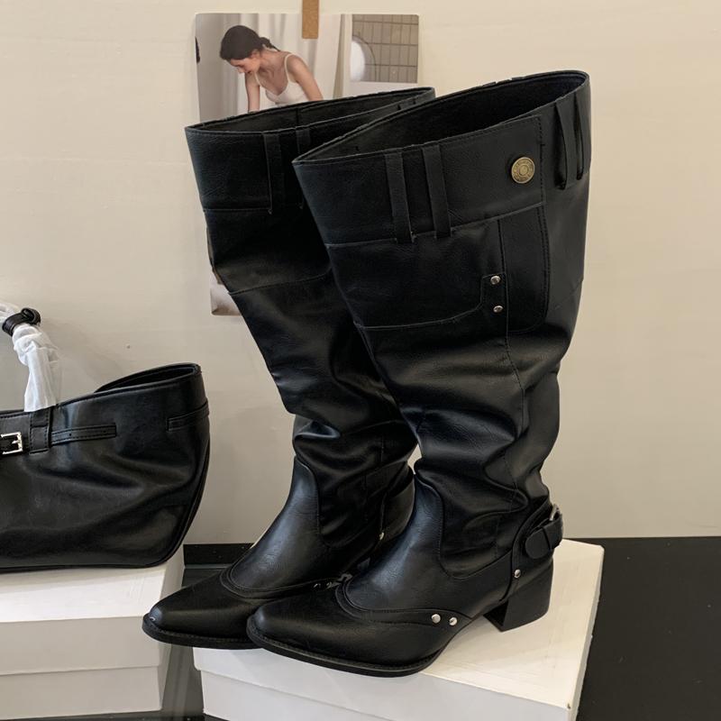 Eilyken Autumn Fashion Designer Buckle Strap Woman Knee High Boots Square Heels Long Modern Booties White Pleated Shoes