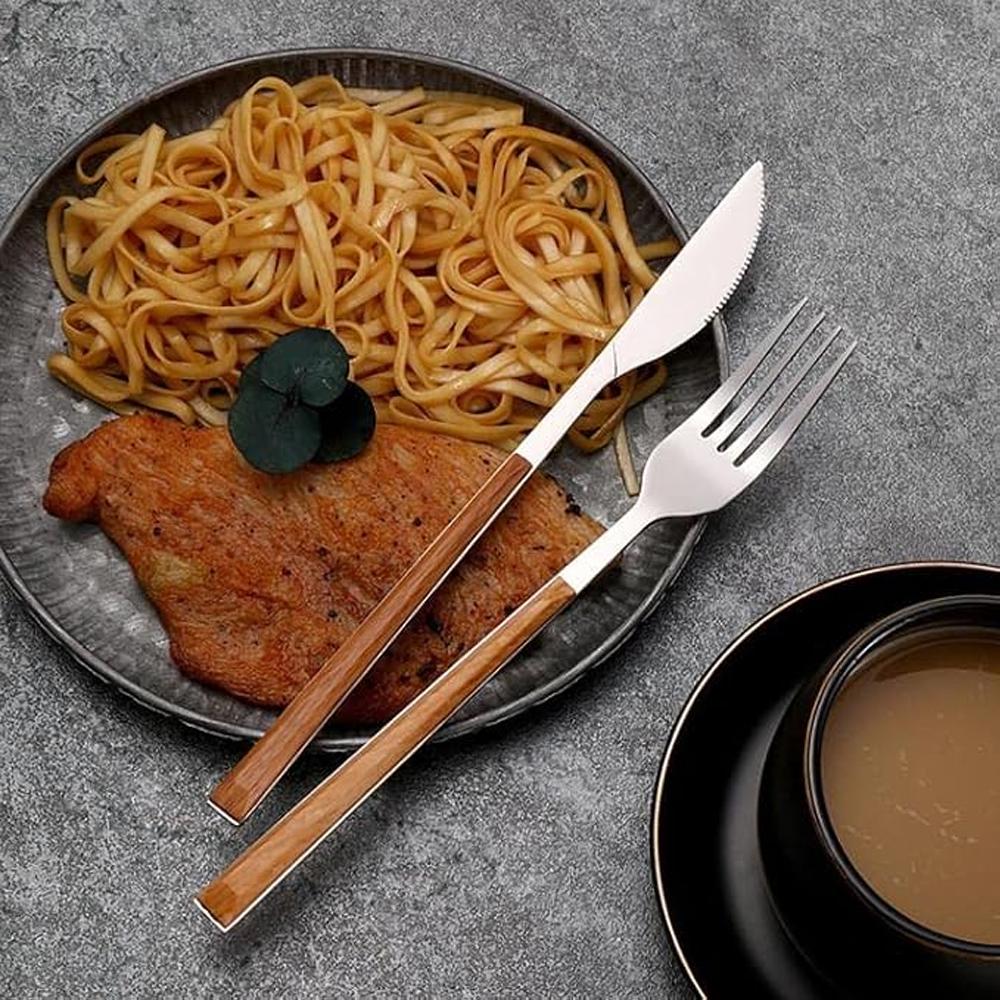 16/24/30Pcs Stainless Steel Imitation Wooden Handle Cutlery Set Silver Dinnerware Knife Spoon Fork Tableware Set