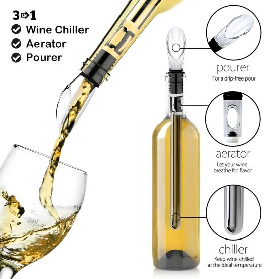 Wine Cooling Stick Wine Chiller with Aerator Spout Stainless Steel Iceless Wine Bottle Cooler Stick for Enhanced Aroma Flavor